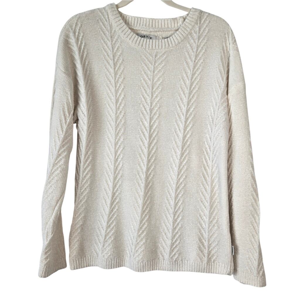 Ivory Textured Chenille Cable Knit Crewneck Sweater Ultra Soft Velvety Size M